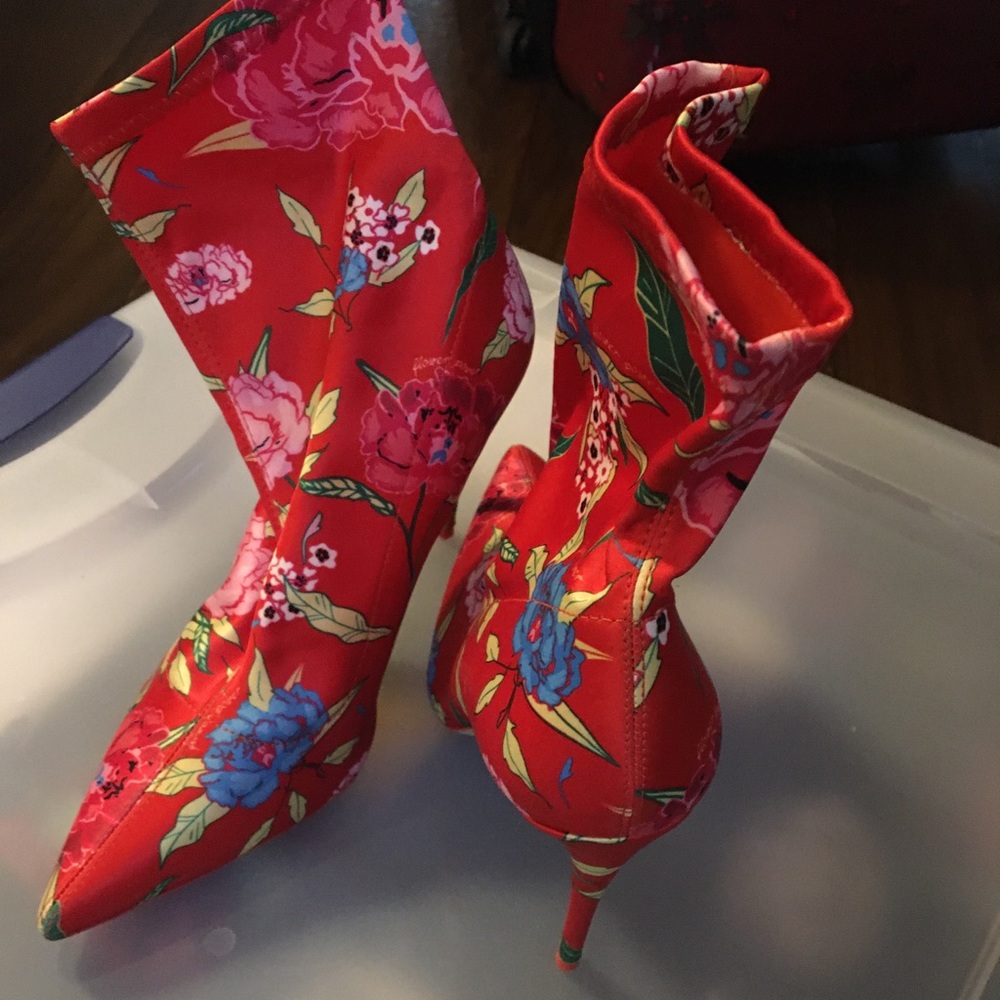 Red with floral design ankle booties